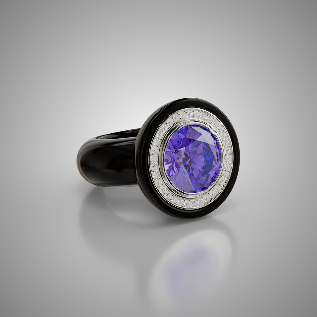 Ebony & Diamond Round Cocktail Ring