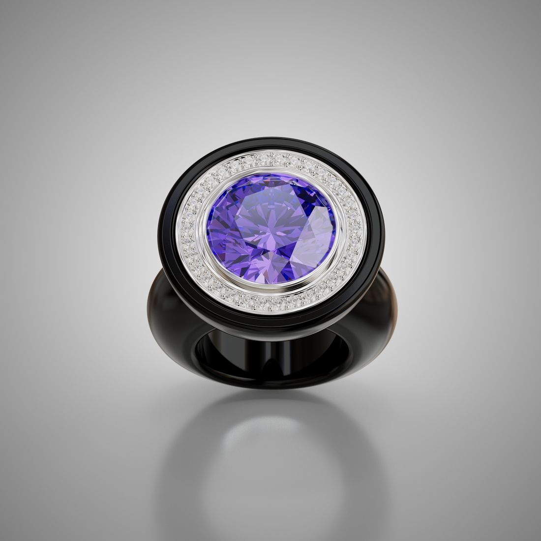 Ebony & Diamond Round Cocktail Ring
